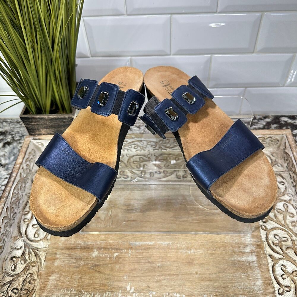 Naot EUC Blue Leather 2 Strap Jewel Accent Slip On Sandal Shoe 40 EU -11 US - Picture 2 of 11